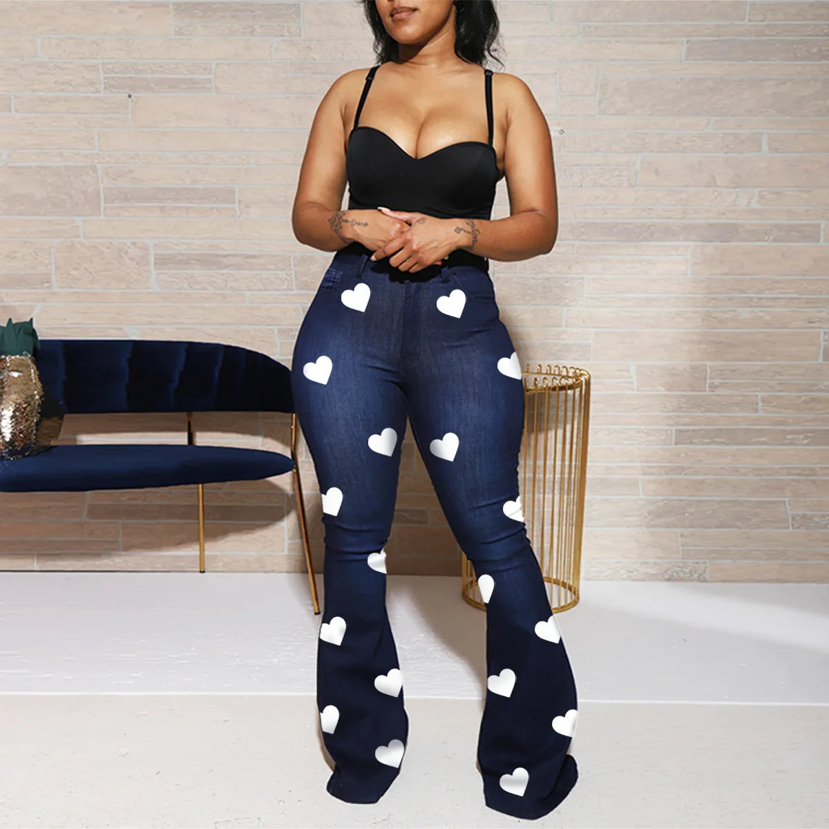 Printed Women's Flared Jeans High Waist Wide Leg Jeans Women Stretch Pencil Pants Flare Bottoms Elastic Women's Jeans