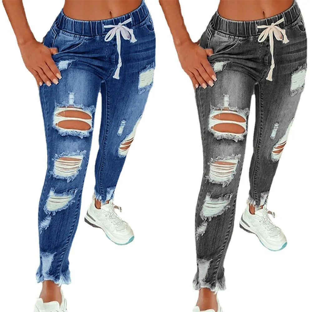 Ladies New Design Stylish Pants Denim Skinny Ripped Jeans Destroy Trousers Women Skinny Distressed Casual Full Length Jeans
