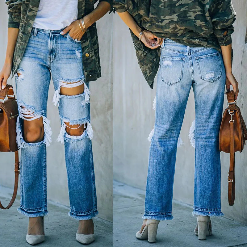 Brand Fashion Ripped Hole Stretch Trousers Full Length Pants Blue Women Jeans High Waist Denim Jeans