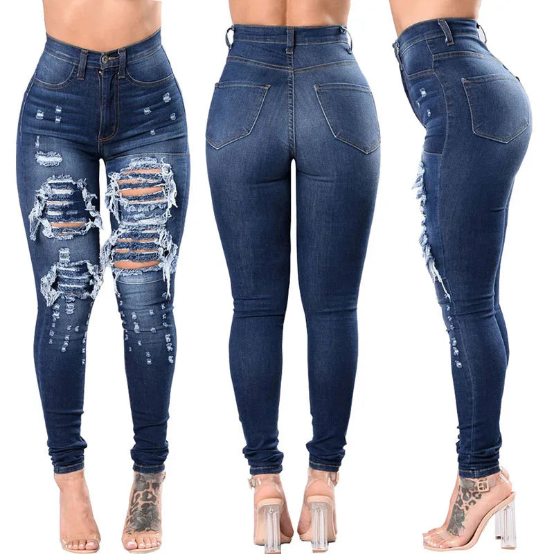 RNSHANGER Women Ripped Jeans High Waist Stretch Skinny Slim Fit Female Pencil Y2K Pants Destroyed Casual Hole Denim Pants