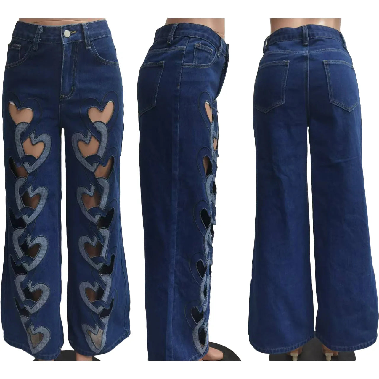 Think 2025 Ripped Out Straight-leg Pants With Cut-out Embroidered Heart Decoration Denim Pants Women Hipster High Waist Jeans