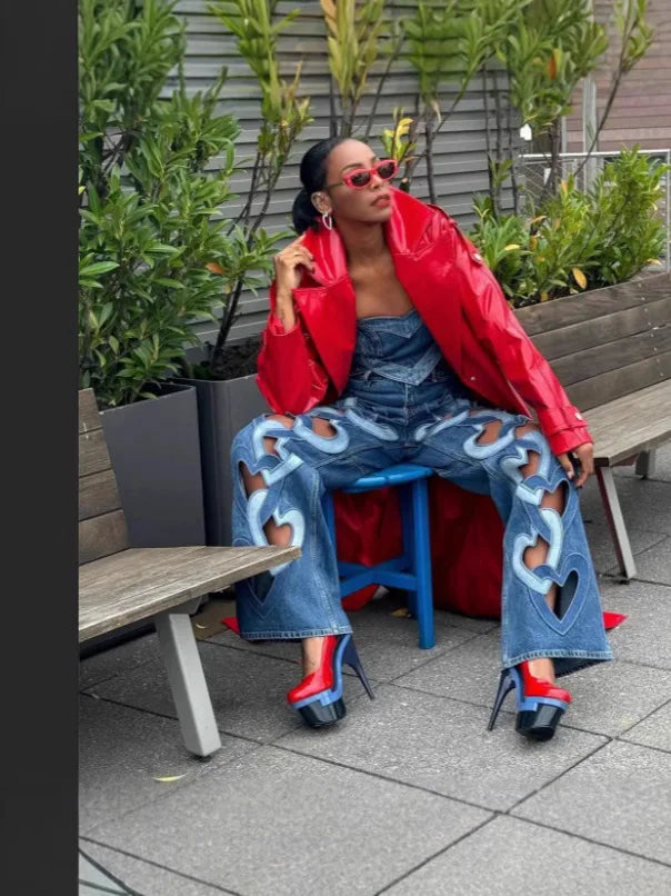Think 2025 Ripped Out Straight-leg Pants With Cut-out Embroidered Heart Decoration Denim Pants Women Hipster High Waist Jeans