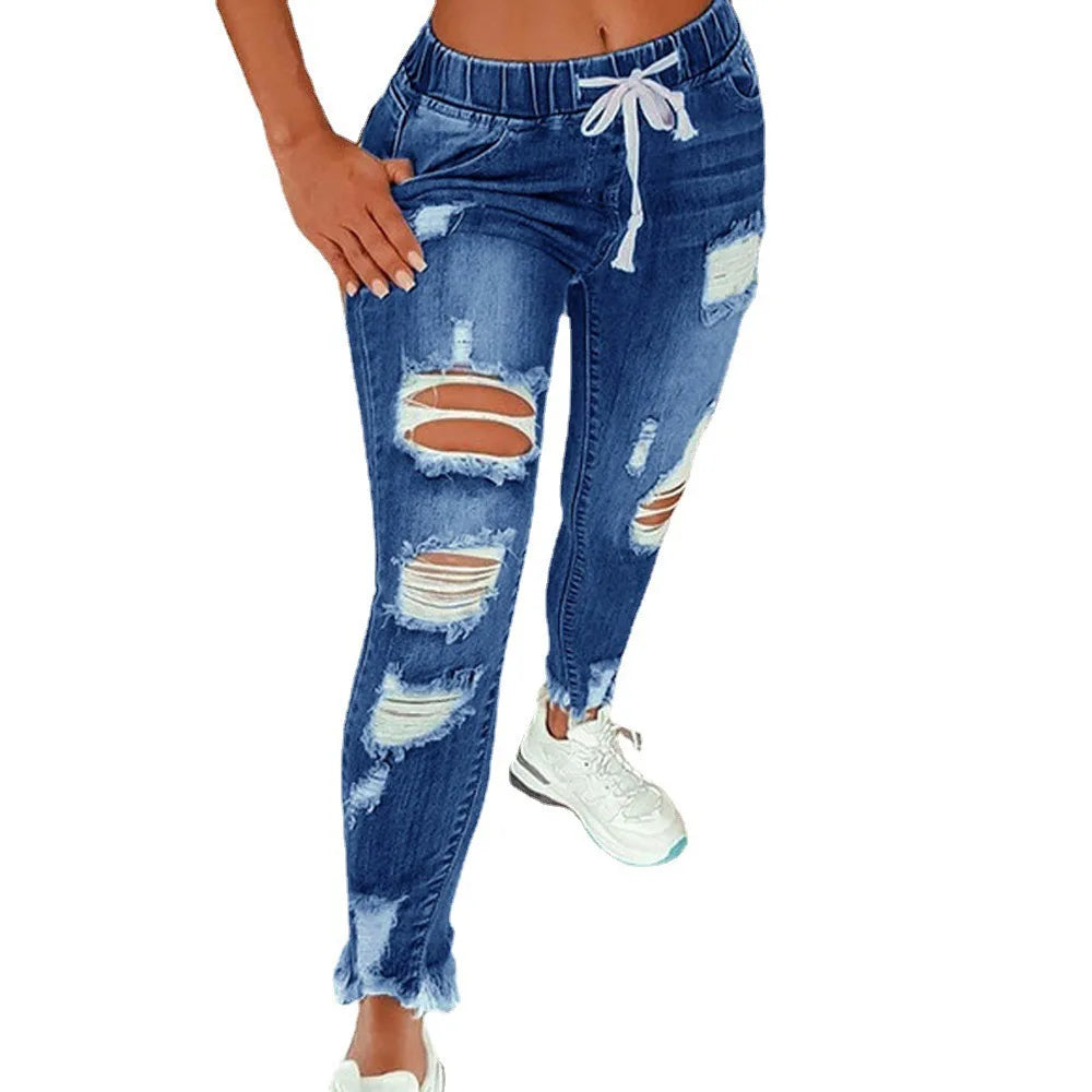 Ladies New Design Stylish Pants Denim Skinny Ripped Jeans Destroy Trousers Women Skinny Distressed Casual Full Length Jeans