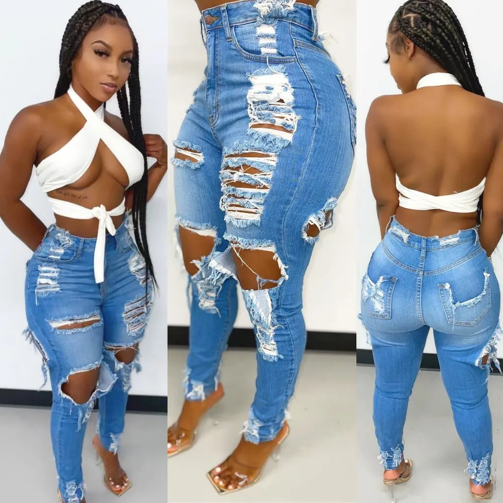 2024 Fashion Sexy Women's Ripped Destroy Denim Soft Good Stretch Light Blue Boyfriend Jeans Women
