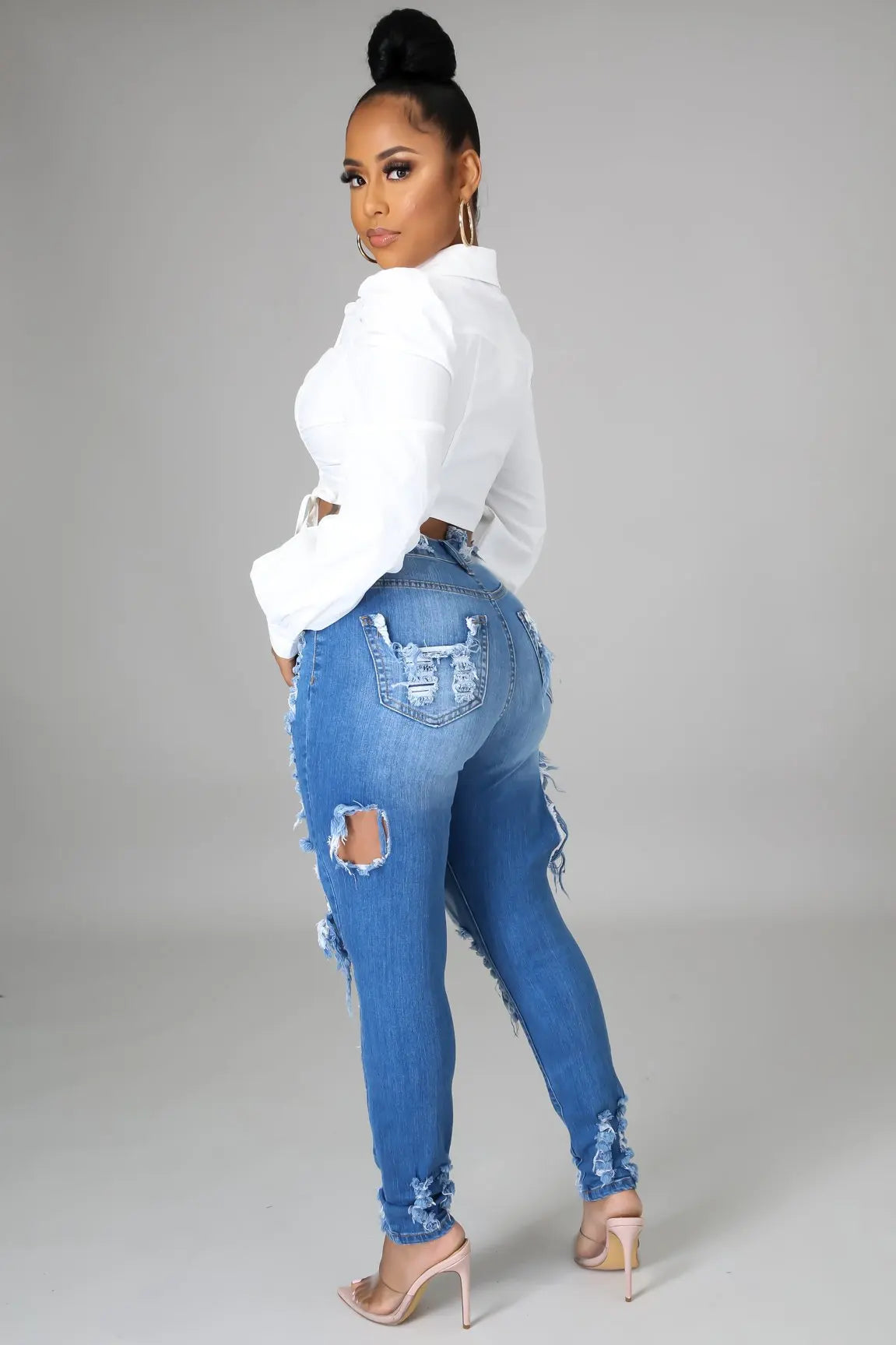 2024 Fashion Sexy Women's Ripped Destroy Denim Soft Good Stretch Light Blue Boyfriend Jeans Women