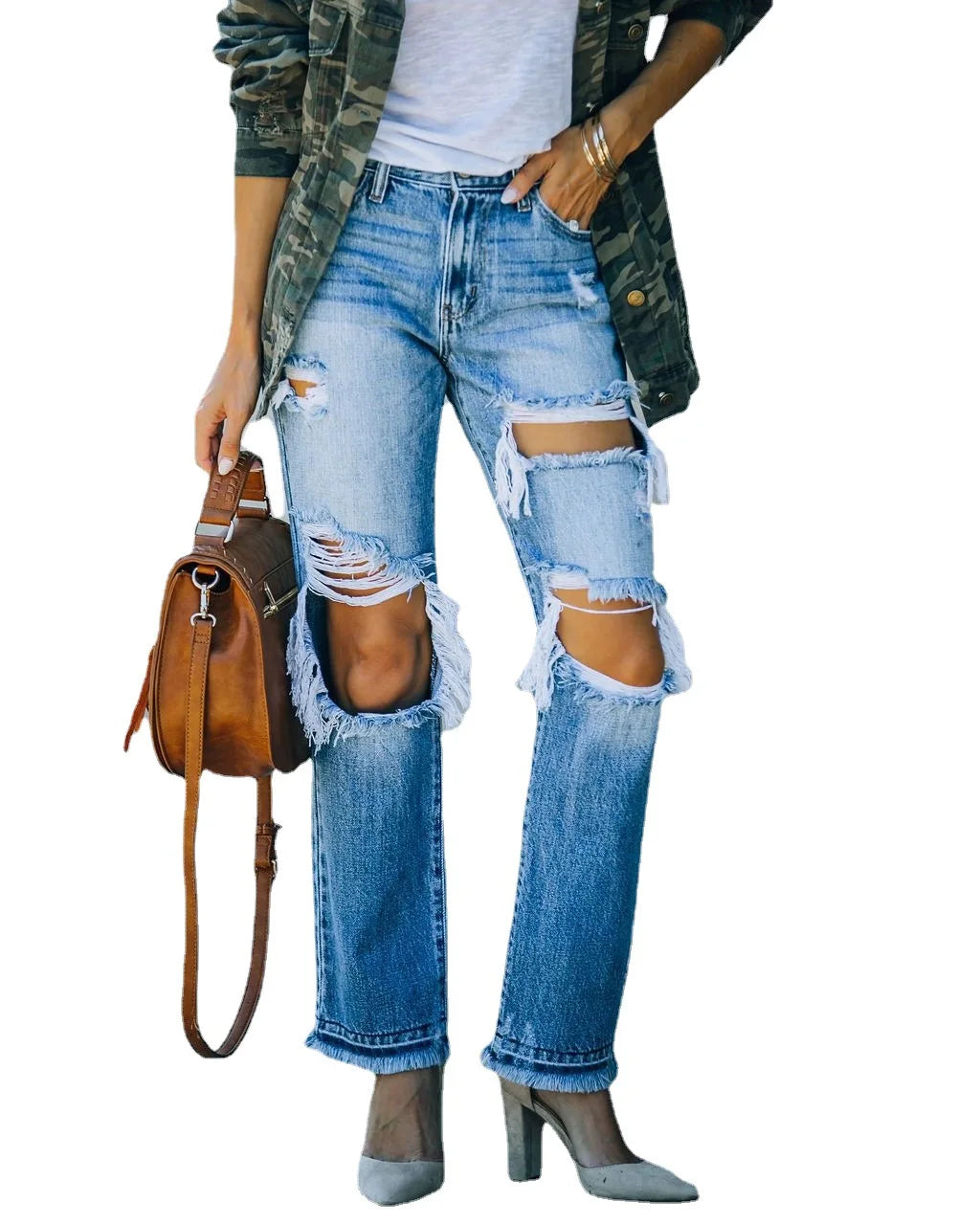 Brand Fashion Ripped Hole Stretch Trousers Full Length Pants Blue Women Jeans High Waist Denim Jeans