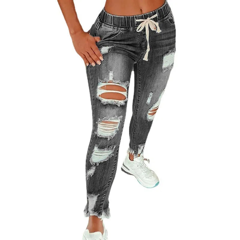 Ladies New Design Stylish Pants Denim Skinny Ripped Jeans Destroy Trousers Women Skinny Distressed Casual Full Length Jeans