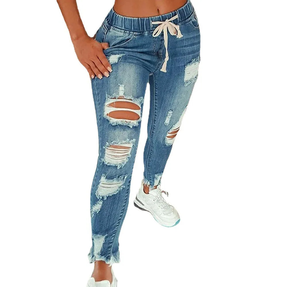 Ladies New Design Stylish Pants Denim Skinny Ripped Jeans Destroy Trousers Women Skinny Distressed Casual Full Length Jeans