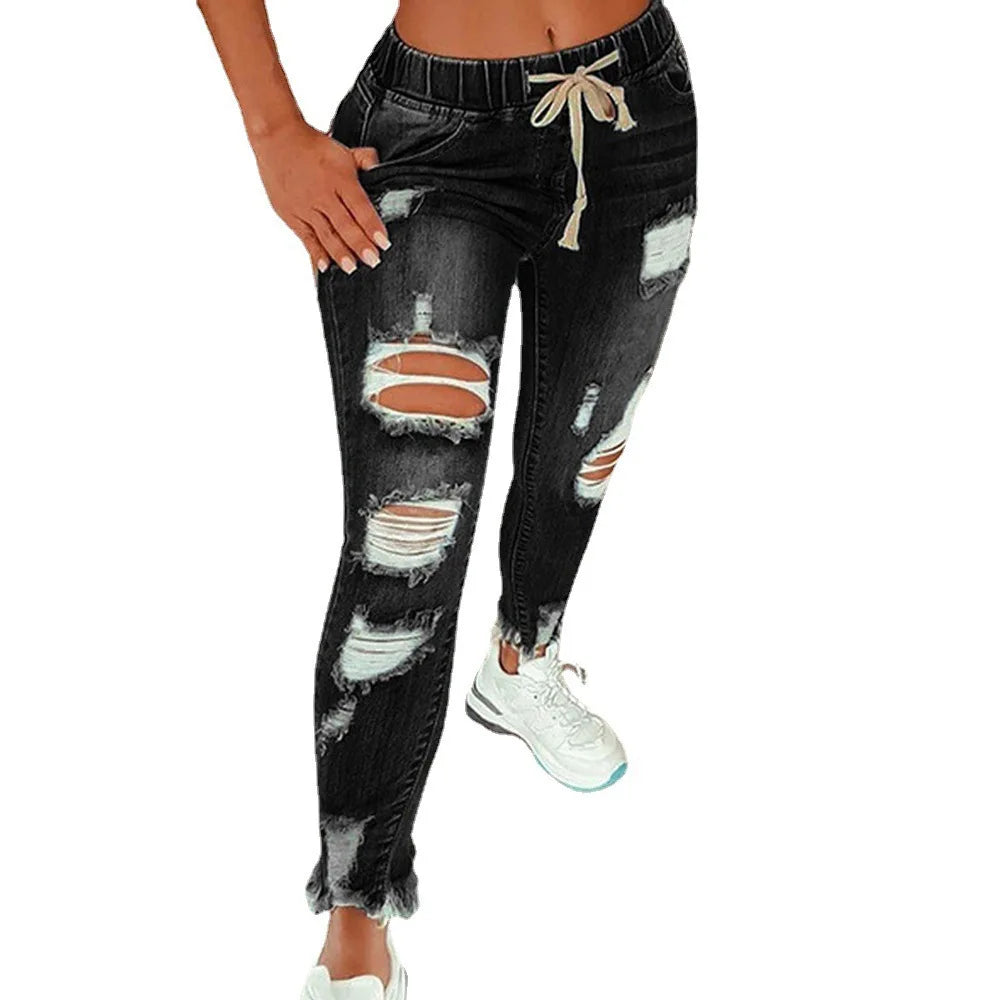 Ladies New Design Stylish Pants Denim Skinny Ripped Jeans Destroy Trousers Women Skinny Distressed Casual Full Length Jeans
