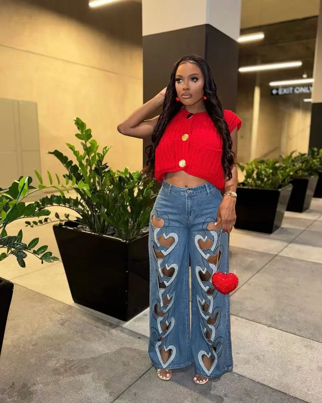 Think 2025 Ripped Out Straight-leg Pants With Cut-out Embroidered Heart Decoration Denim Pants Women Hipster High Waist Jeans