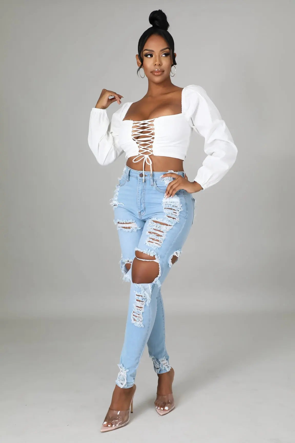 2024 Fashion Sexy Women's Ripped Destroy Denim Soft Good Stretch Light Blue Boyfriend Jeans Women